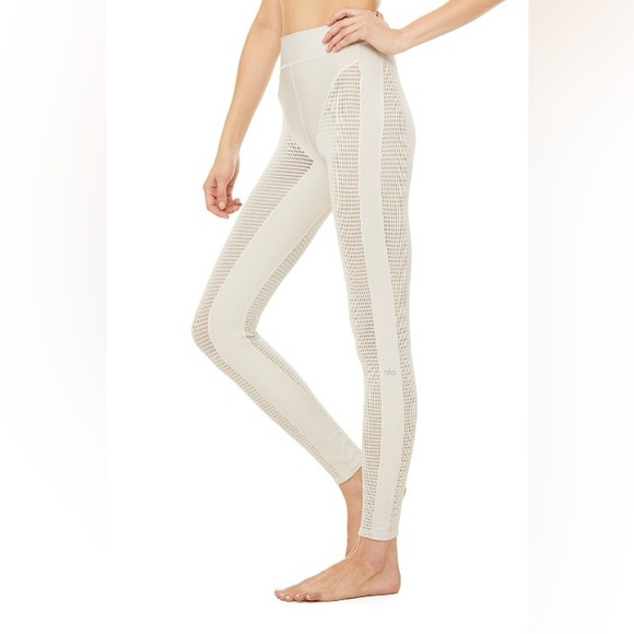 Alo Bone Cream Mesh Set Size Small High-Waist Legging & Short Sleeve Top - Picture 2 of 15